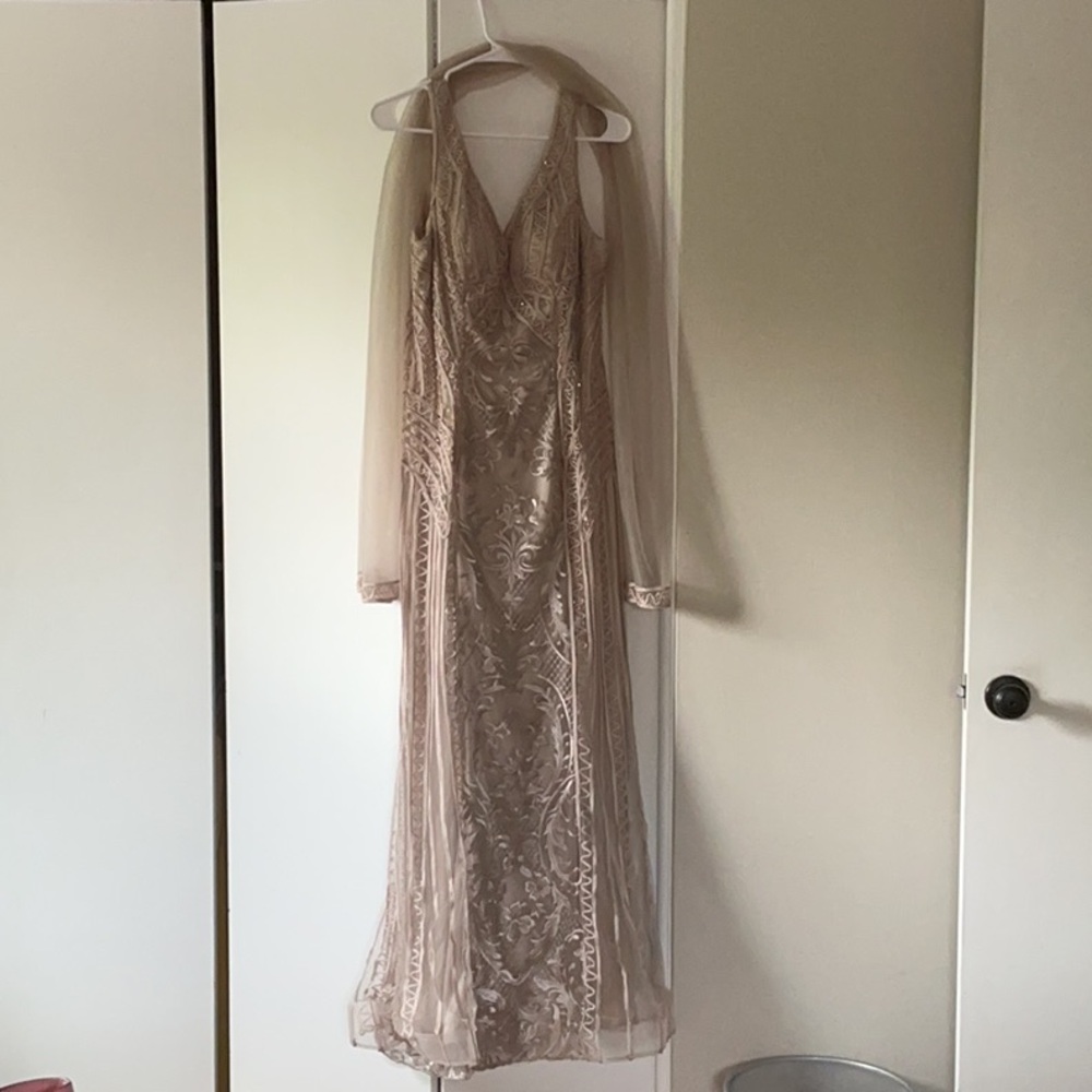 Mon Cheri Gold Bishop Sleeve V-Neck Gown